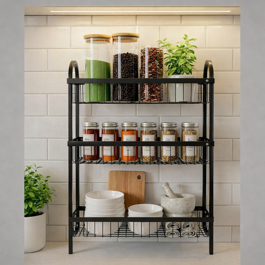 Wall Mounted Spice Rack Black Stainless Steel 3 Tier – DIY Assembly Required (Self Assemble