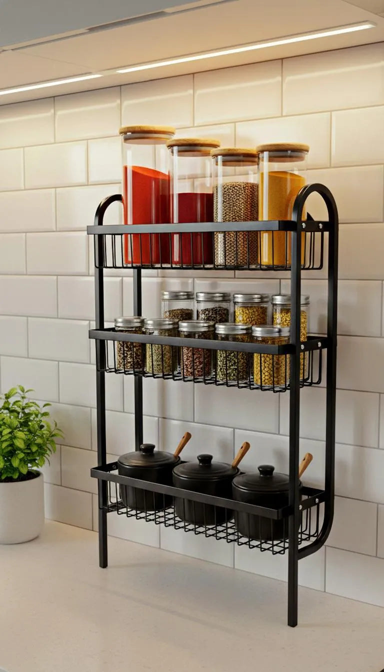 Wall Mounted Spice Rack Black Stainless Steel 3 Tier – DIY Assembly Required (Self Assemble